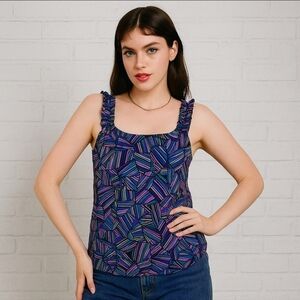 Marc By Marc Jacobs Ruffle Strap Blouse Top Geometric Print Sleeveless XS